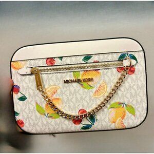 Michael Kors crossbody jet set chain LG fruit print logo purse bag optic white